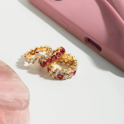 Luxurious Gold Plated Ruby Eternity Ring | Stackable Pink Gemstone Band | Dainty Full Circle Jewelry for Women
