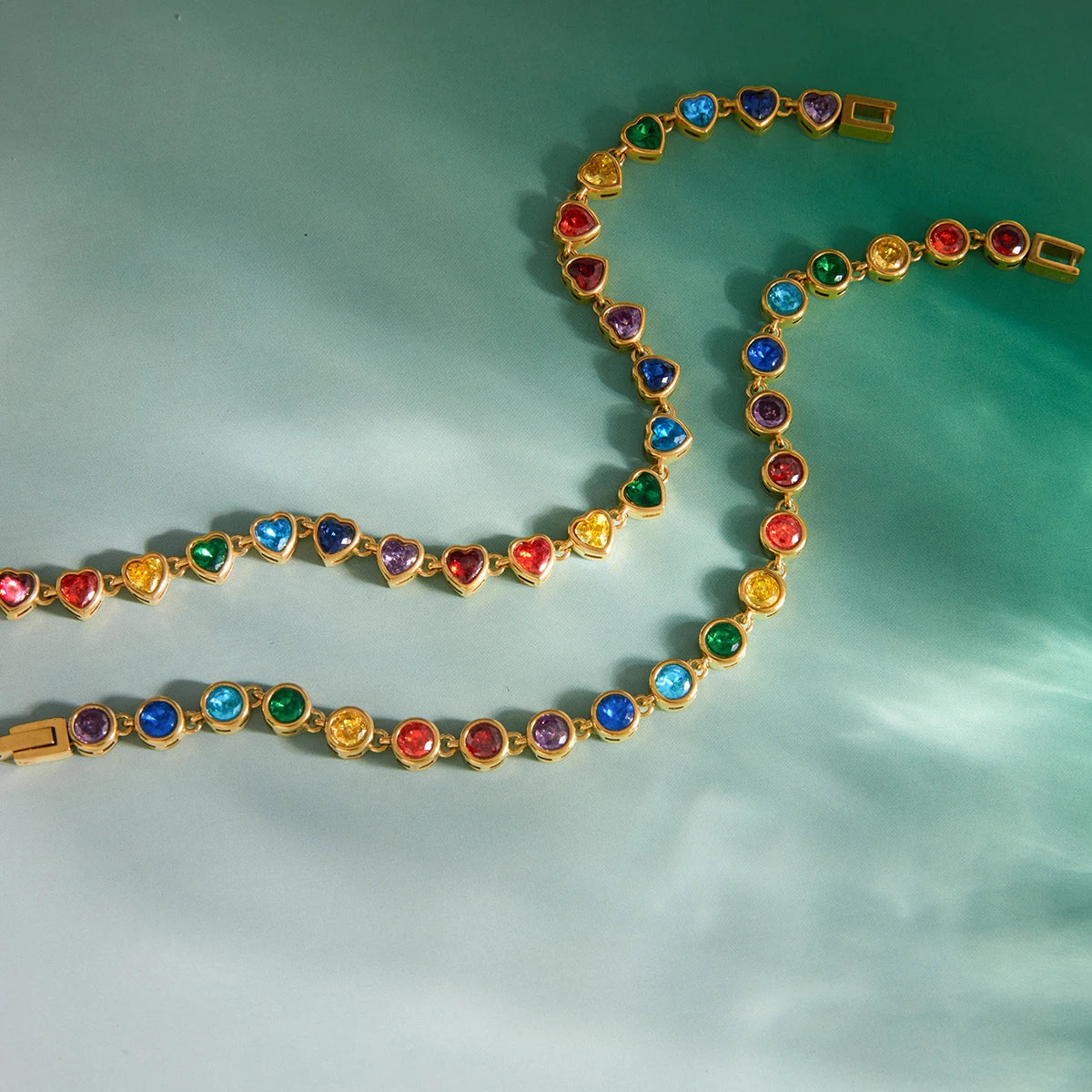 18K Gold Plated Rainbow Multicolour Crystal Tennis Bracelet | Waterproof Bezel Set Colourful CZ Bracelet | Available in Round & Heart Cut Stones