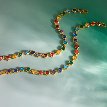 18K Gold Plated Rainbow Multicolour Crystal Tennis Bracelet | Waterproof Bezel Set Colourful CZ Bracelet | Available in Round & Heart Cut Stones