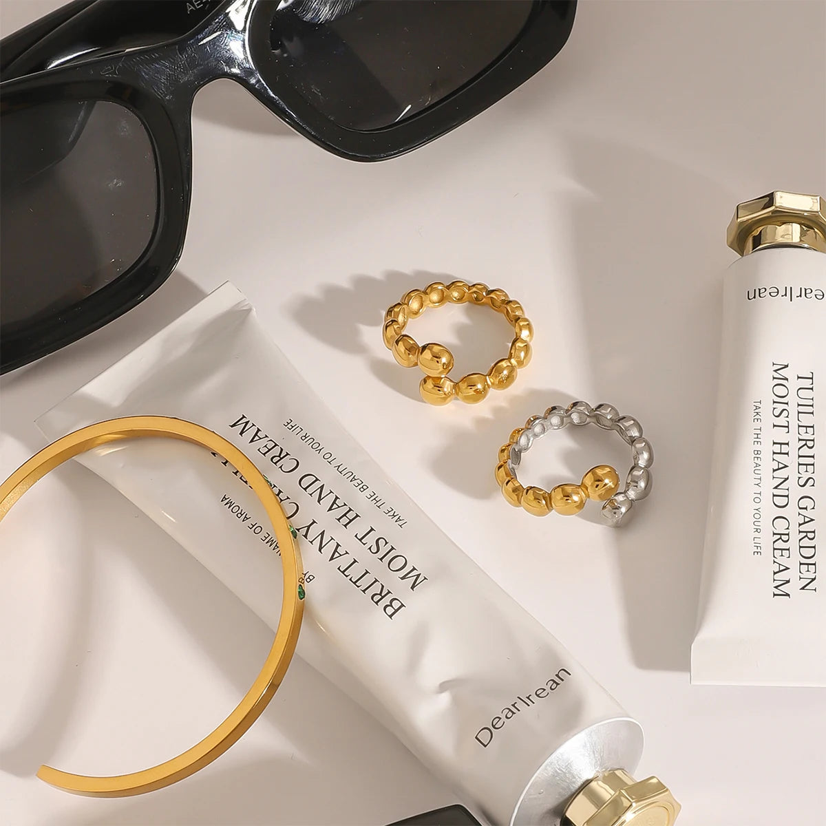 18K Vergulde Bubble Kraal Open Ring | Verstelbare Waterdichte Ball Chain Ring | Verkrijgbaar in Goud & Zilver