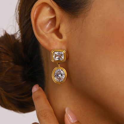 18K Gold Plated Geometric Drop Earrings for Women – Waterproof Tarnish Free Stainless Steel (Green or Clear Stone)
