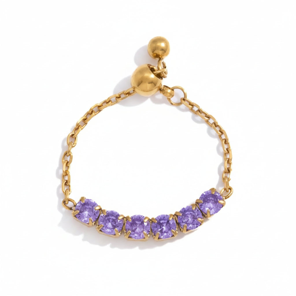 18K Verguld Kleurrijk Kristal Verstelbare Kettingring | Waterdichte Fijn Gouden Kettingring | 6 Stijlen — Blauw, Lavendel, Roze, Vlinder & Multi-Stone