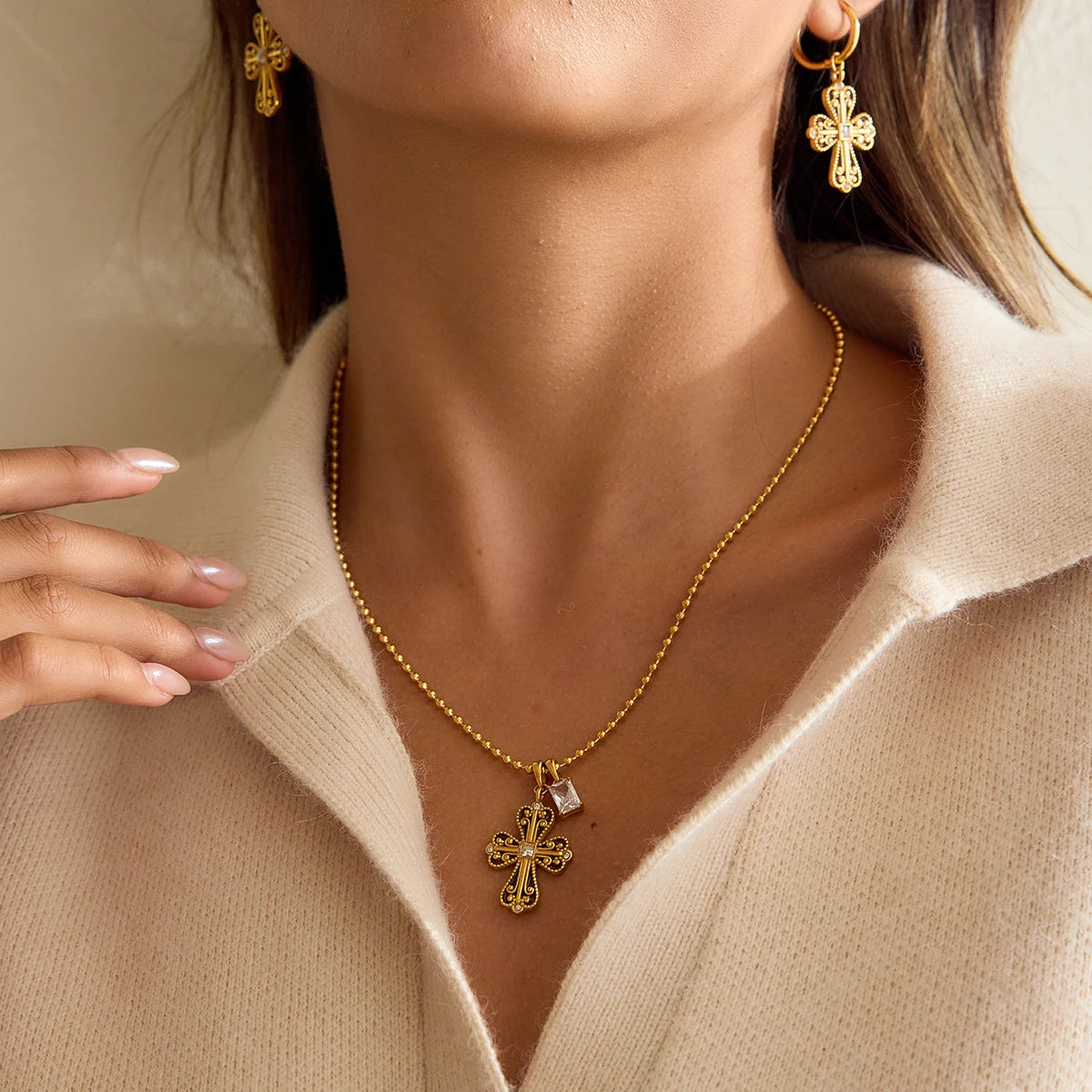 18K Vergulde Vintage Kruishanger Ketting – Waterdicht, Aanslagvrije Geloofssieraden