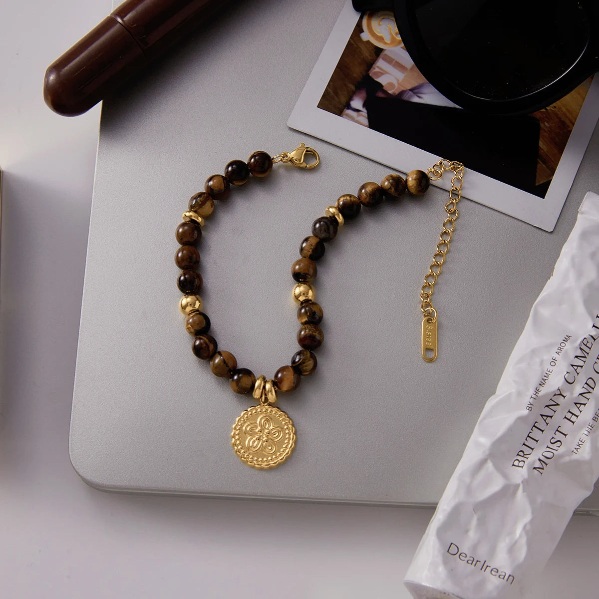 Gold Plated Tiger Eye Charm Bracelet for Women | Waterproof & Tarnish-Free Beaded Jewelry