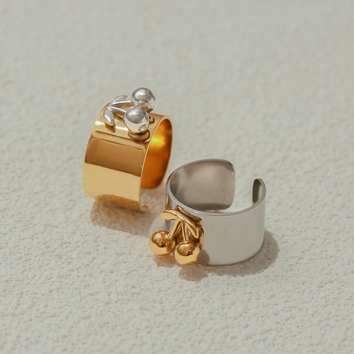 Chunky Two-Tone Gold & Silver Stainless Steel Statement Ring | Modern Wide Band Heart & Cherry Design | Waterproof Bicolor Fashion Jewelry