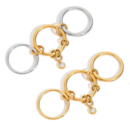 Multi-Band Dangle Charm Ring | Chunky Two-Tone or 18 K Gold Stackable Statement Ring | CZ Drop Waterproof Stainless Steel Jewelry