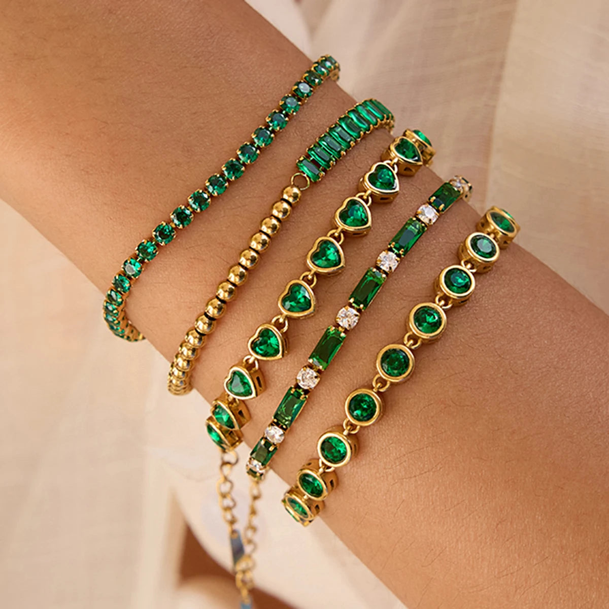 Gold Plated Emerald Green Bracelet Set for Women | Waterproof & Tarnish-Free Stackable Jewelry