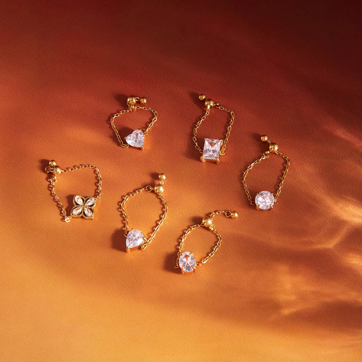 18K Gold Plated Adjustable Chain Ring with CZ Stone | Waterproof Dainty Gold Chain Ring | 6 Styles — Round, Heart, Square, Oval, Teardrop & Flower