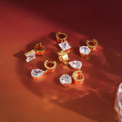 18K Gold Plated CZ Drop Huggie Hoop Earrings | Waterproof Pear, Round & Princess Cut Crystal Dangle Earrings | Diamond Style Gift Set