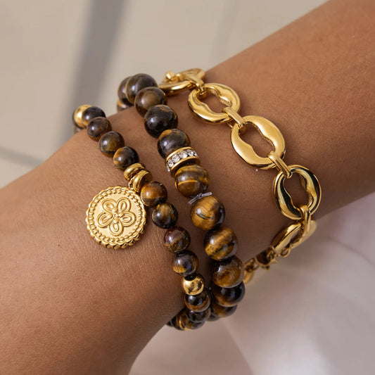 Gold Plated Tiger Eye Charm Bracelet for Women | Waterproof & Tarnish-Free Beaded Jewelry