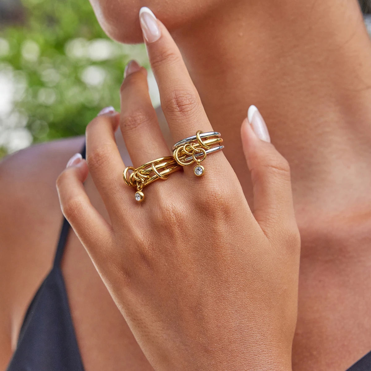 Multi-Band Dangle Charm Ring | Chunky Two-Tone or 18 K Gold Stackable Statement Ring | CZ Drop Waterproof Stainless Steel Jewelry