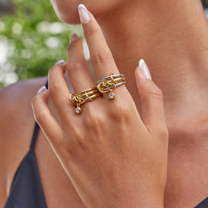 Multi-Band Dangle Charm Ring | Chunky Two-Tone or 18 K Gold Stackable Statement Ring | CZ Drop Waterproof Stainless Steel Jewelry