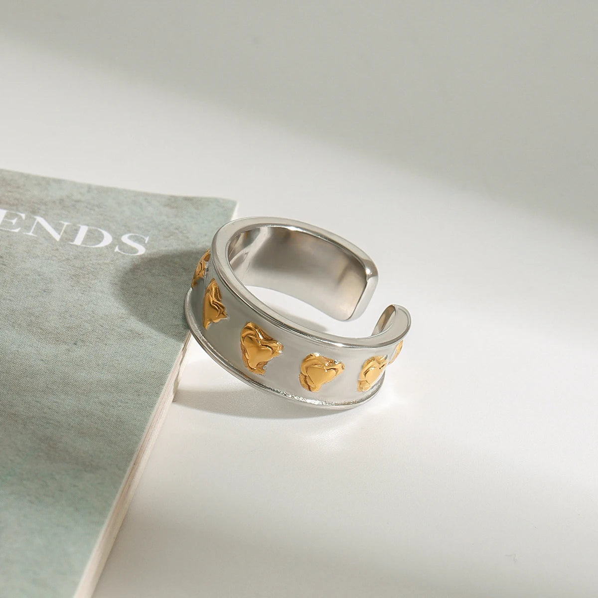 18K Gold Plated Two-Tone Heart Cuff Ring – Waterproof, Tarnish-Free Statement Jewellery
