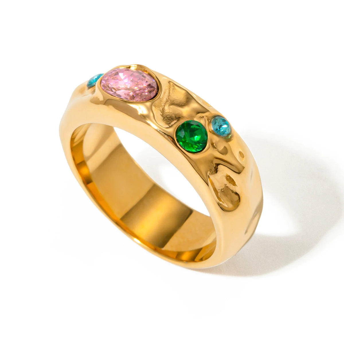 18K Gold Plated Wide Band Gemstone Ring – Waterproof, Tarnish-Free Statement Jewellery (Gold & Silver)