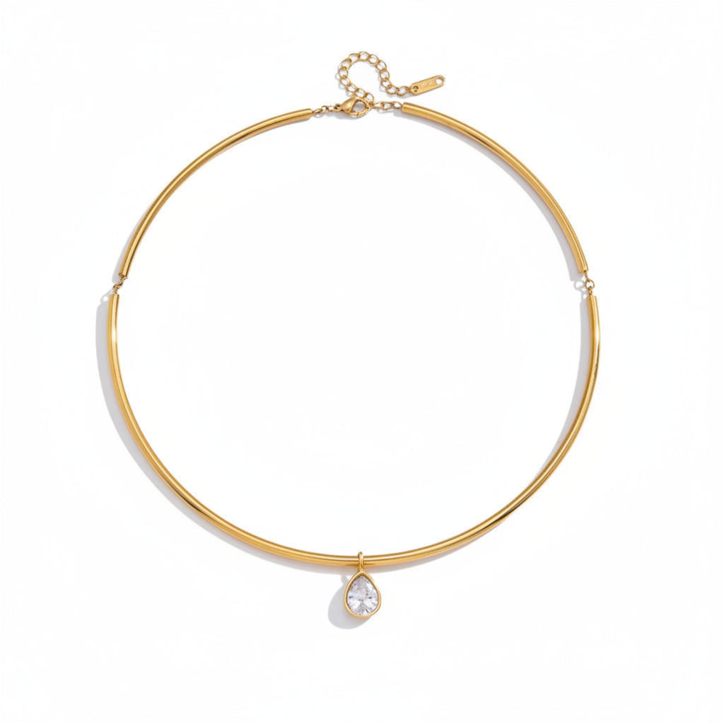 18K Gold Plated Rigid Choker Necklace with CZ Charm | Waterproof Minimalist Gold Tube Collar Necklace | Available in Round, Oval, Marquise & Pear Cut