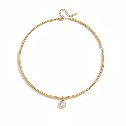 18K vergulde stijve choker ketting met zirkonia hanger | Waterdichte minimalistische gouden buisvormige halsketting | Verkrijgbaar in rond, ovaal, marquise & peervormig geslepen