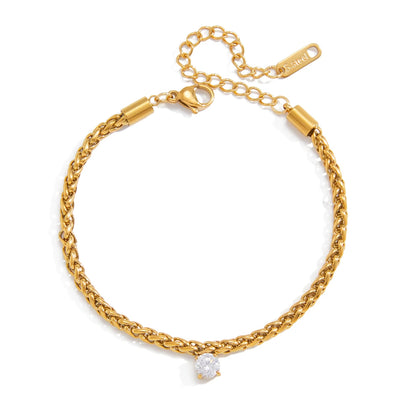 18K Gold Plated Wheat Chain Bracelet with Solitaire CZ | Waterproof Braided Rope Chain Bracelet | Dainty Diamond Style Gold Bracelet