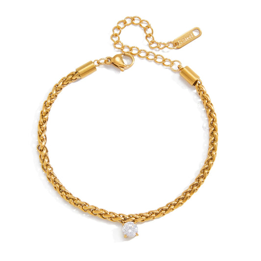 18K verguld tarwekettingarmband met solitaire CZ | Waterdichte gevlochten touwkettingarmband | Fijne diamanten stijl gouden armband