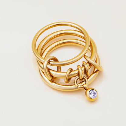 Multi-Band Dangle Charm Ring | Chunky Two-Tone or 18 K Gold Stackable Statement Ring | CZ Drop Waterproof Stainless Steel Jewelry