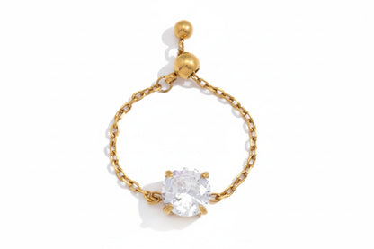 18K Gold Plated Adjustable Chain Ring with CZ Stone | Waterproof Dainty Gold Chain Ring | 6 Styles — Round, Heart, Square, Oval, Teardrop & Flower