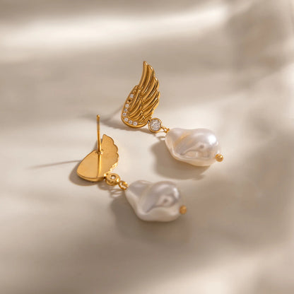 18K Gold Plated Angel Wing & Baroque Pearl Drop Earrings | Waterproof CZ Crystal Wing Stud with Pearl Dangle | Celestial Bridal Earrings