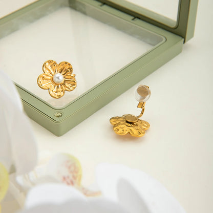 Gold Plated Flower Pearl Clip-On Earrings for Women – Waterproof Tarnish Free Stainless Steel Fashion Jewellery