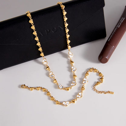 18K Gold Plated Heart Chain Necklace & Bracelet Set | Waterproof CZ Crystal Heart Link Jewellery Set | Matching Dainty Gold Heart Set