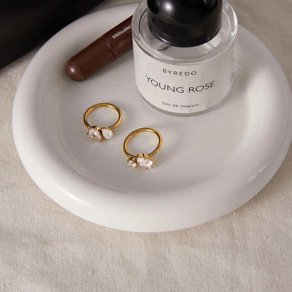 18K Gold Plated Double Stone CZ Open Ring | Waterproof Toi et Moi Ring | Round, Marquise & Pear Cut Diamond Style Ring