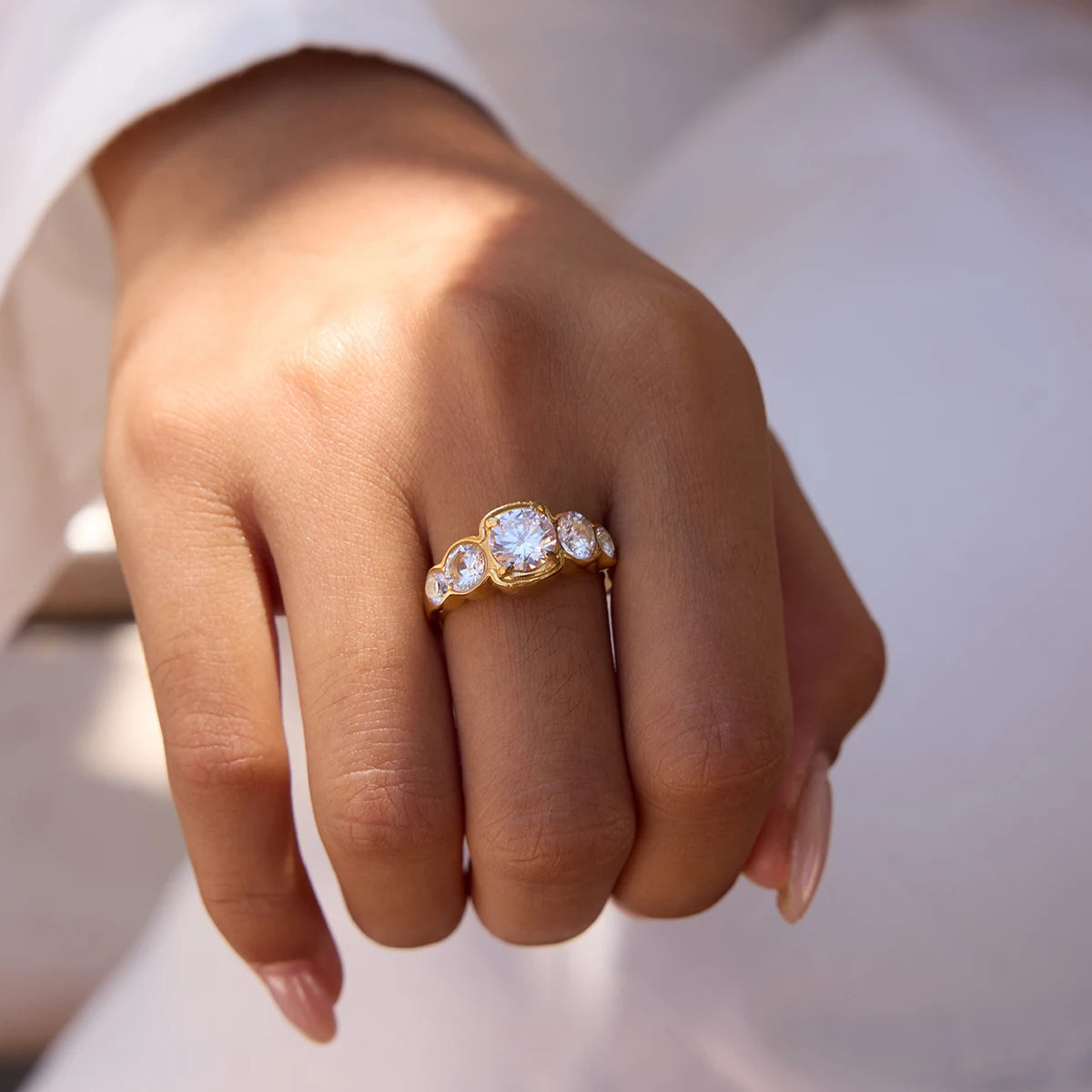 18K Gold Plated Five Stone CZ Bubble Ring | Waterproof Diamond Style Bezel Cluster Ring | Luxury Statement Ring