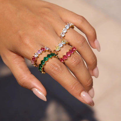 Luxurious Gold Plated Ruby Eternity Ring | Stackable Pink Gemstone Band | Dainty Full Circle Jewelry for Women