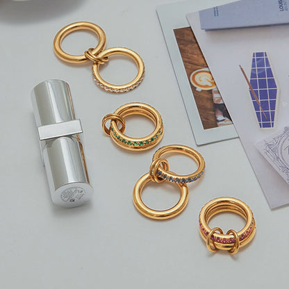 Luxe Meerlaagse Gouden Ring met Gekleurde Zirkoonstenen – Wit, Groen, Roze & Blauw | Verstelbare Stapelbare Modering