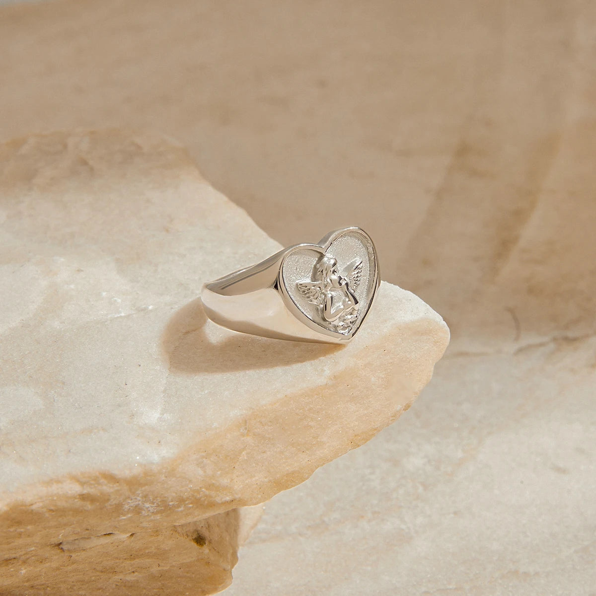 Vintage Cherub Hart Ring | Verguld & Verzilverd Engelen Ring | Waterdichte Chunky Esthetische Statement Sieraden