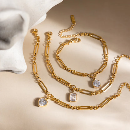18K Gold Plated Paperclip Chain Bracelet with CZ Charm | Waterproof Mixed Link Chain Bracelet | Available in Heart, Round & Cushion Cut