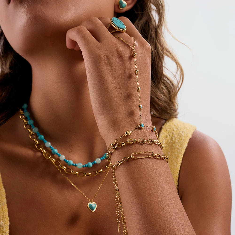 Vergulde Turkooizen Steen Handketting Armband voor Dames | Waterdicht Aanslagvrij Sieraad