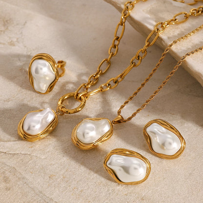 Premium 18K Gold Plated Pearl Necklace, Earrings & Ring Set for Women – Waterproof & Tarnish-Free Luxury Jewellery & Jewelry