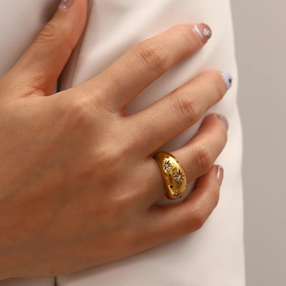 18K Gold Plated Celestial Star Dome Ring | Multicolour Crystal Starburst Ring | Waterproof Chunky Gold Band