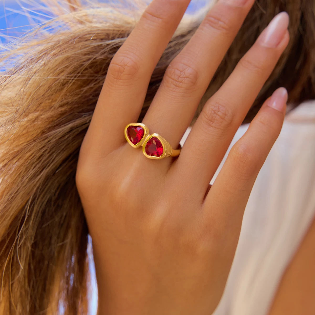 18K Gold Plated Double Red Heart Crystal Ring | Waterproof Toi et Moi Statement Ring | Bezel Set Heart Ring