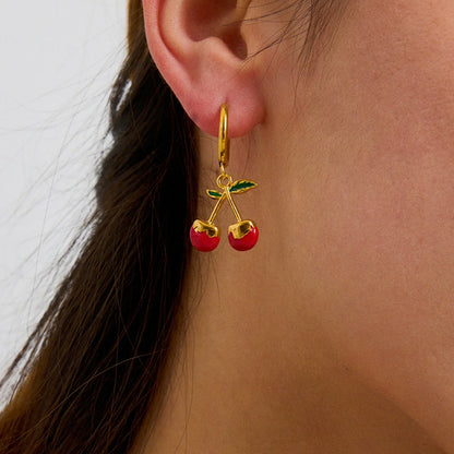 18K Gold Plated Cherry Hoop Earrings for Women – Waterproof Tarnish Free Stainless Steel Fruit Charm Jewellery