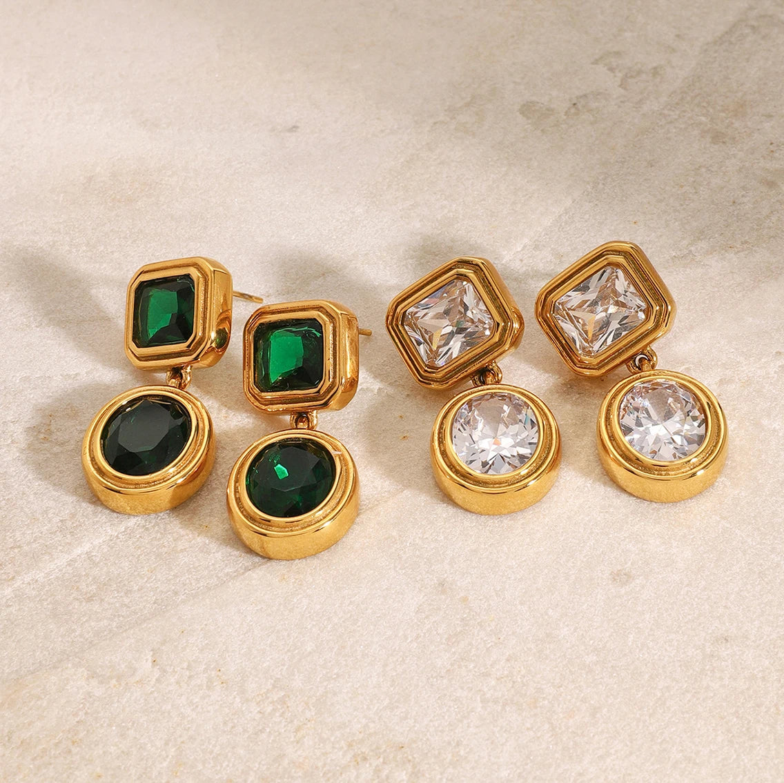18K Gold Plated Geometric Drop Earrings for Women – Waterproof Tarnish Free Stainless Steel (Green or Clear Stone)