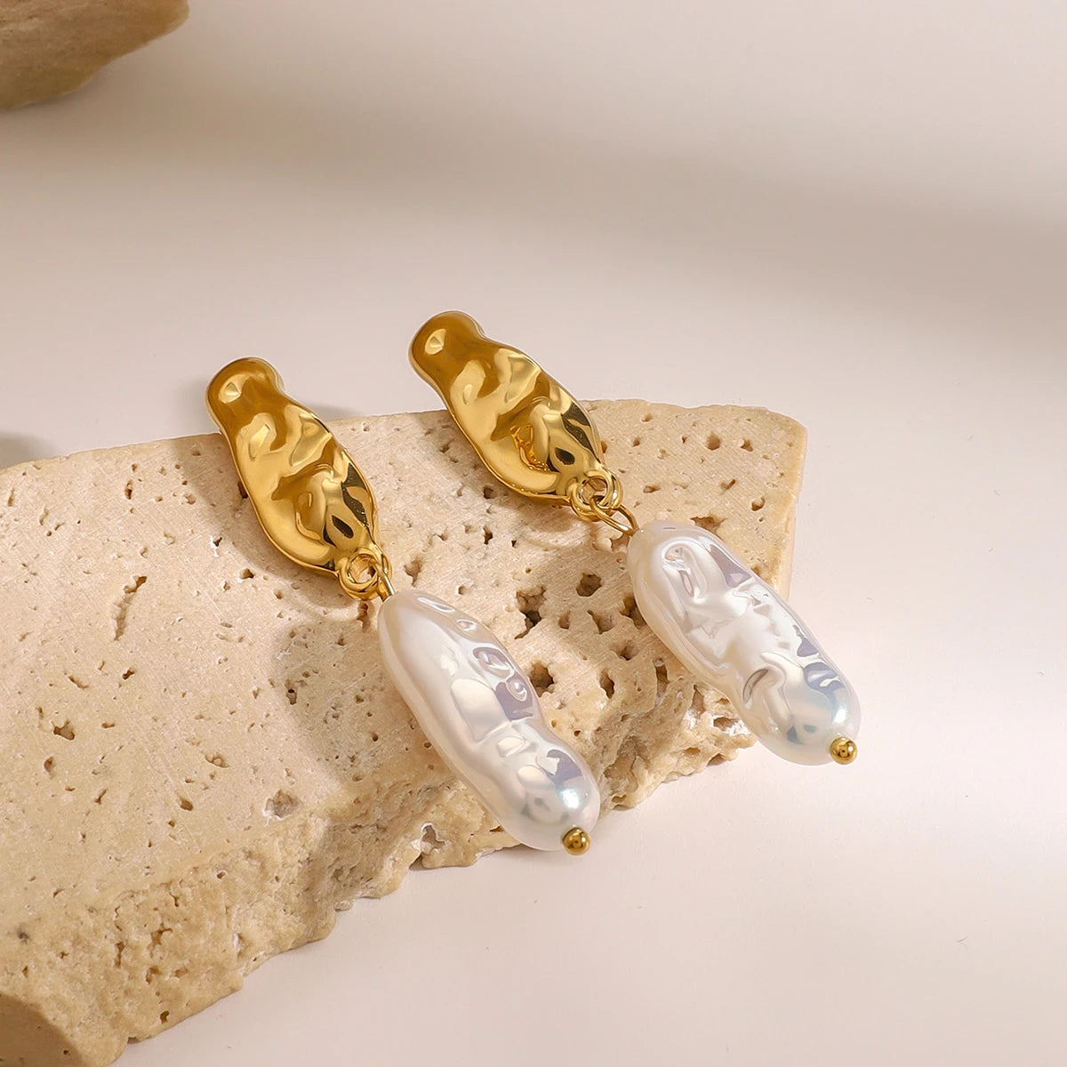 18K Gold Plated Hammered Pearl Drop Earrings for Women – Waterproof Tarnish Free Statement Jewellery