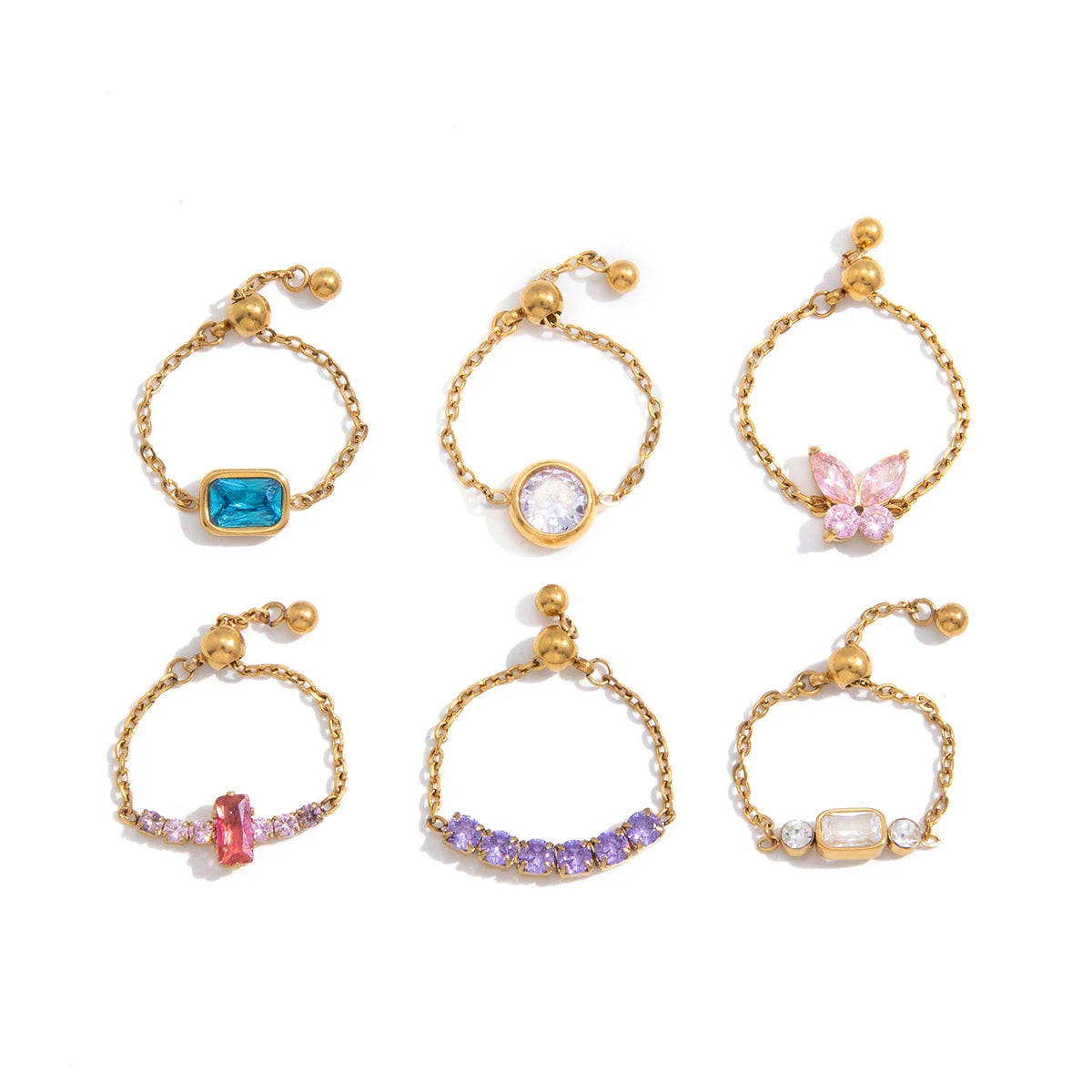 18K Verguld Kleurrijk Kristal Verstelbare Kettingring | Waterdichte Fijn Gouden Kettingring | 6 Stijlen — Blauw, Lavendel, Roze, Vlinder & Multi-Stone