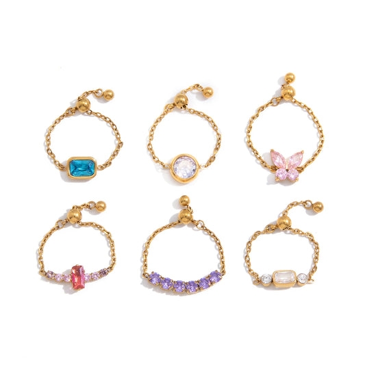18K Verguld Kleurrijk Kristal Verstelbare Kettingring | Waterdichte Fijn Gouden Kettingring | 6 Stijlen — Blauw, Lavendel, Roze, Vlinder & Multi-Stone