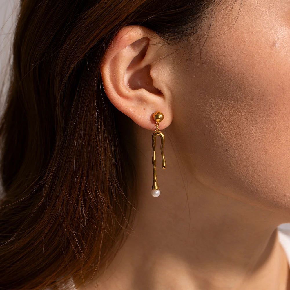 Abstract Pearl Drop Earrings for Women | 18K Gold Plated Waterproof Tarnish-Free Statement Earrings