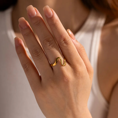 Chunky Wavy Contour Ring | 18K Gold Plated Molten Adjustable Band | Organic Waterproof Stainless Steel Statement Jewelry
