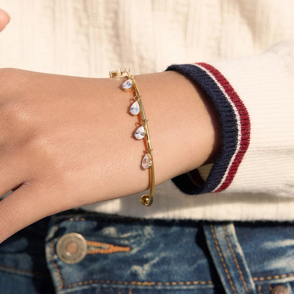 18K Gold Plated Open Cuff Bangle with Pear Cut CZ Drop Charms | Waterproof Five Stone Teardrop Charm Bangle | Diamond Style Bridal Cuff Bracelet