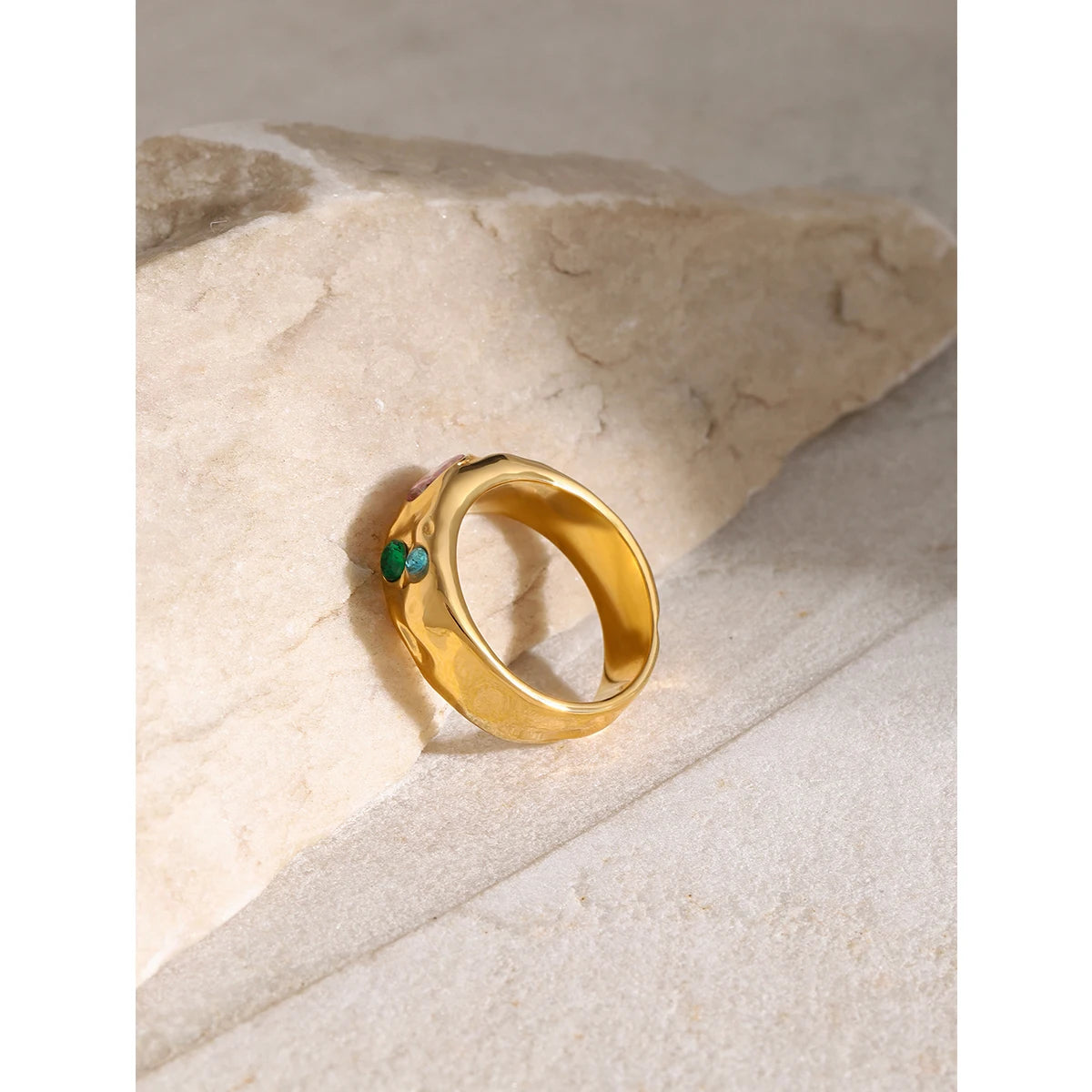 18K Gold Plated Wide Band Gemstone Ring – Waterproof, Tarnish-Free Statement Jewellery (Gold & Silver)