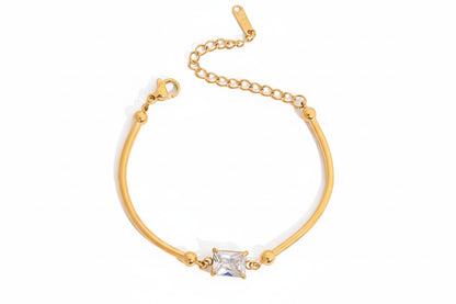 18K Verguld CZ Charm Armband Set van 2 | Waterdichte Bangle & Kettingarmband met Hart & Vierkant Kristal | Delicate Stapelarmbanden Set