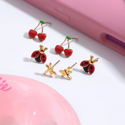 18K Gold Plated Cute Stud Earrings Set for Women – Waterproof Tarnish Free Stainless Steel Insect & Fruit Jewellery (3 Pairs)