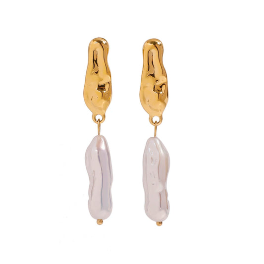 18K Gold Plated Hammered Pearl Drop Earrings for Women – Waterproof Tarnish Free Statement Jewellery