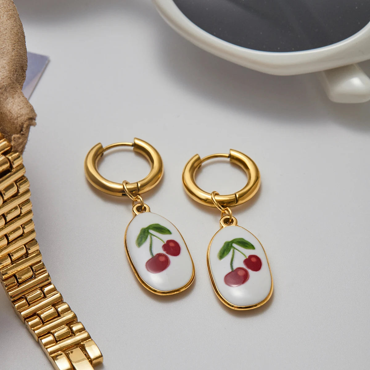 Fruit Charm Huggie Hoop Earrings for Women – Gold Plated Waterproof Tarnish Free Stainless Steel Jewellery